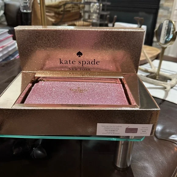 Authentic ♠️ Kate Spade NY Large Slim Cardholder in Glitter Mixed Mitten Pink
